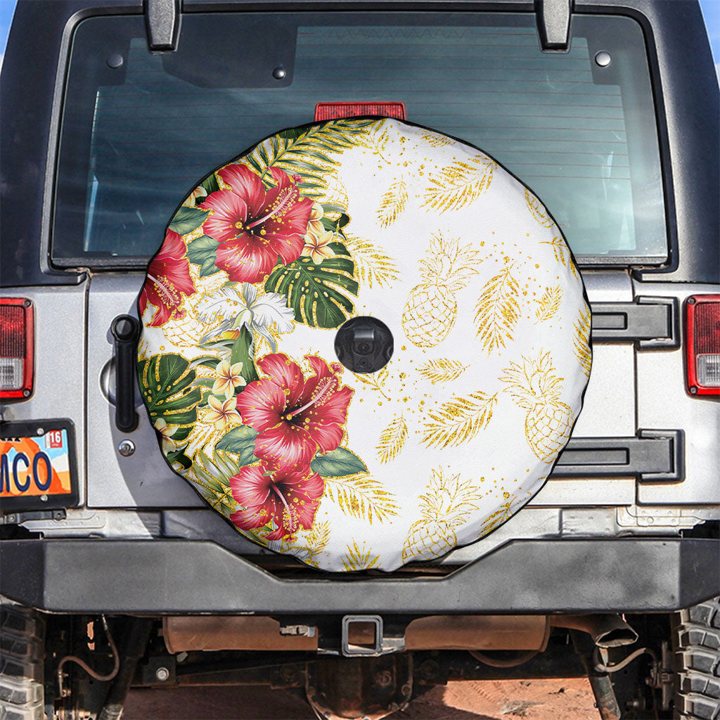 Hawaii Discoverers Day Spare Tire Cover Tropical Hibiscus Glitter White LT05 White - Polynesian Pride