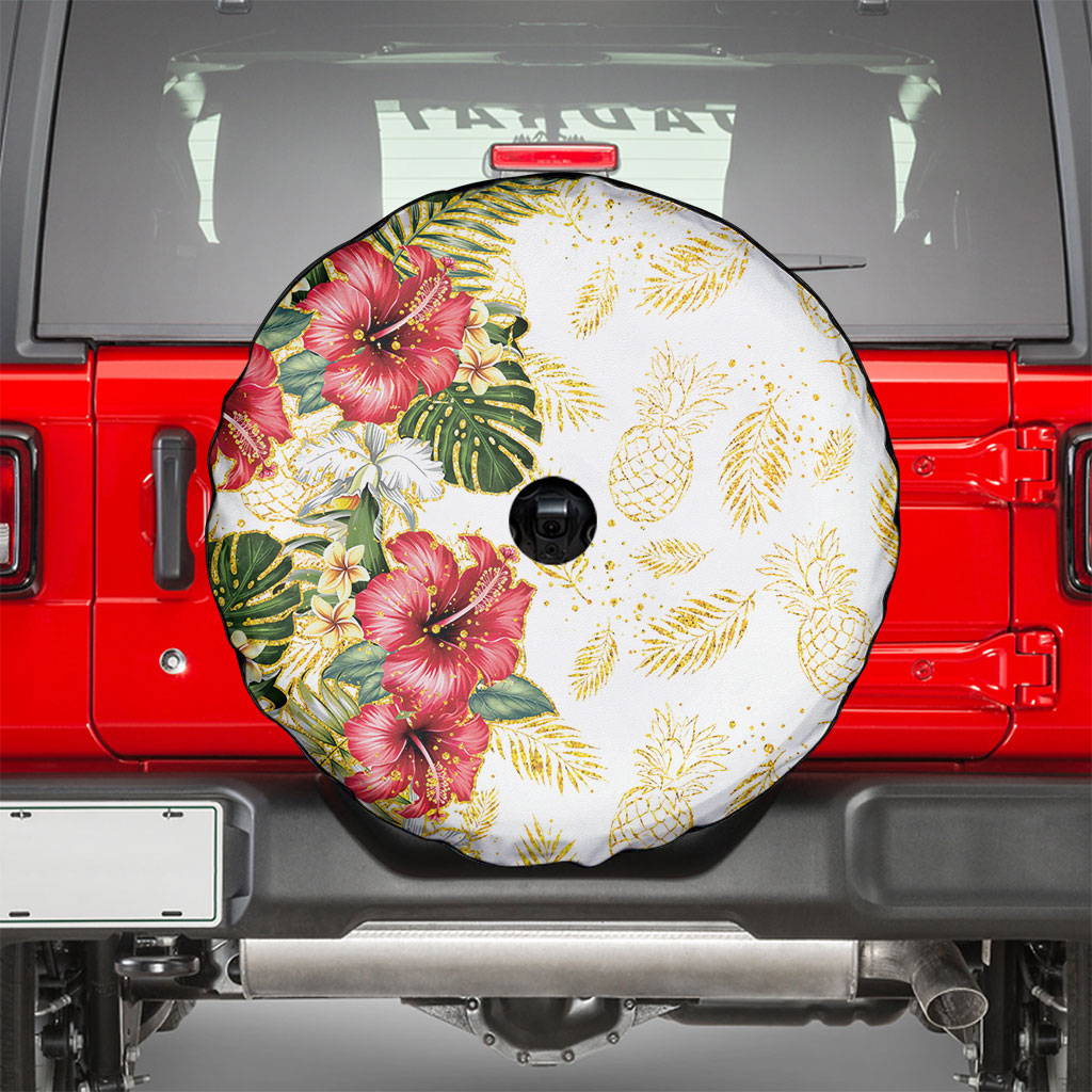 Hawaii Discoverers Day Spare Tire Cover Tropical Hibiscus Glitter White LT05 - Polynesian Pride