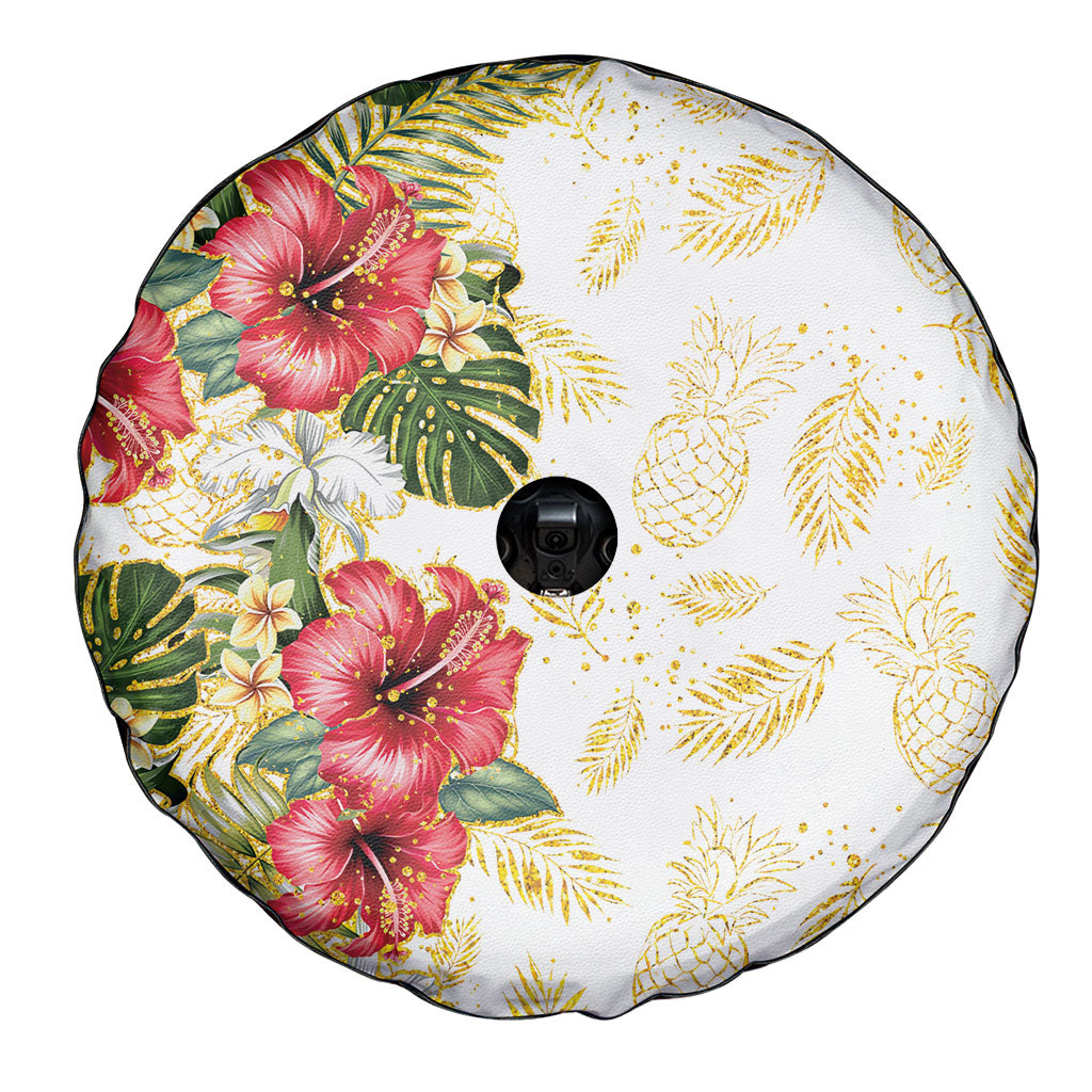Hawaii Discoverers Day Spare Tire Cover Tropical Hibiscus Glitter White LT05 - Polynesian Pride