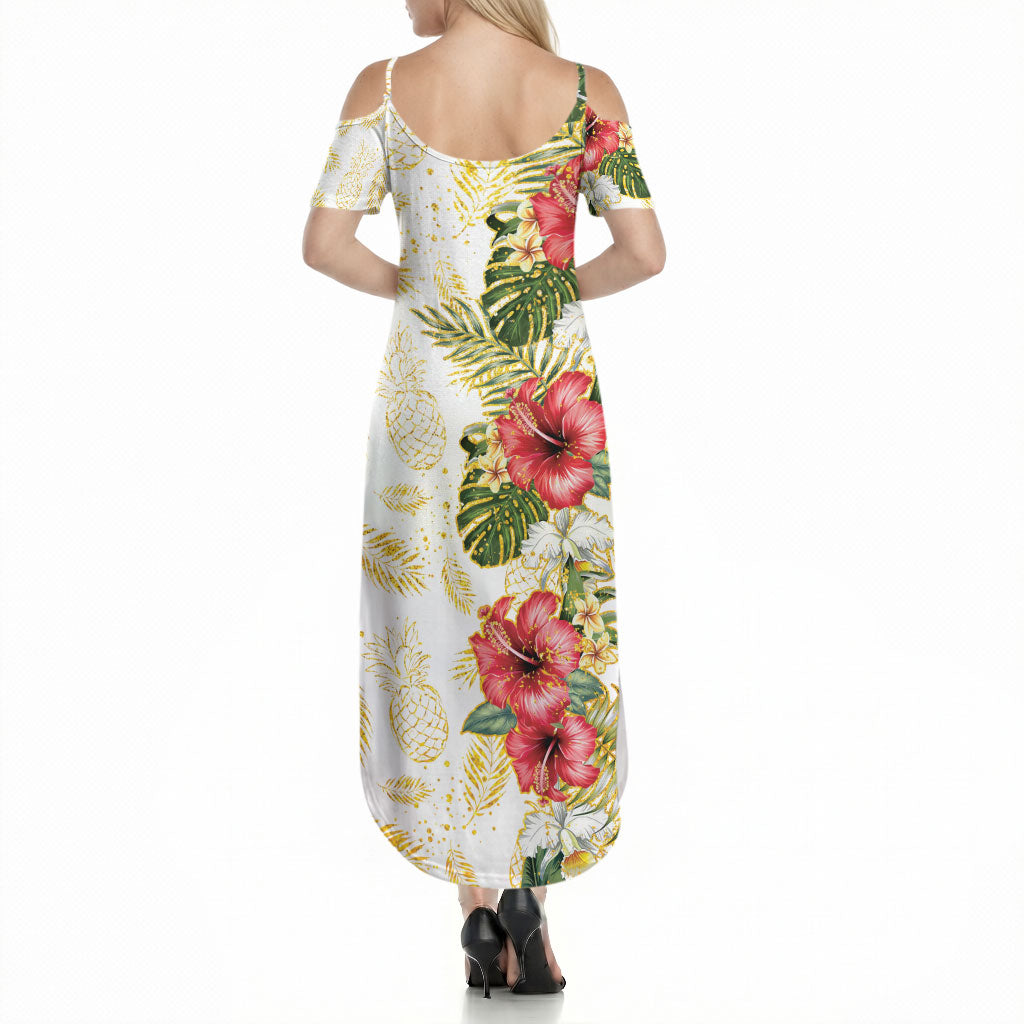 Hawaii Discoverers Day Summer Maxi Dress Tropical Hibiscus Glitter White LT05 - Polynesian Pride