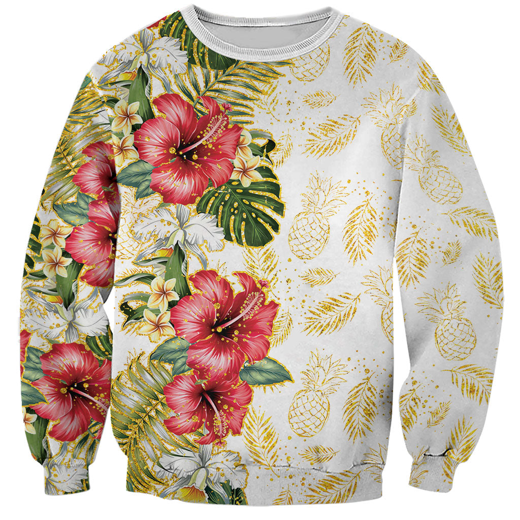 Hawaii Discoverers Day Sweatshirt Tropical Hibiscus Glitter White LT05 Unisex White - Polynesian Pride