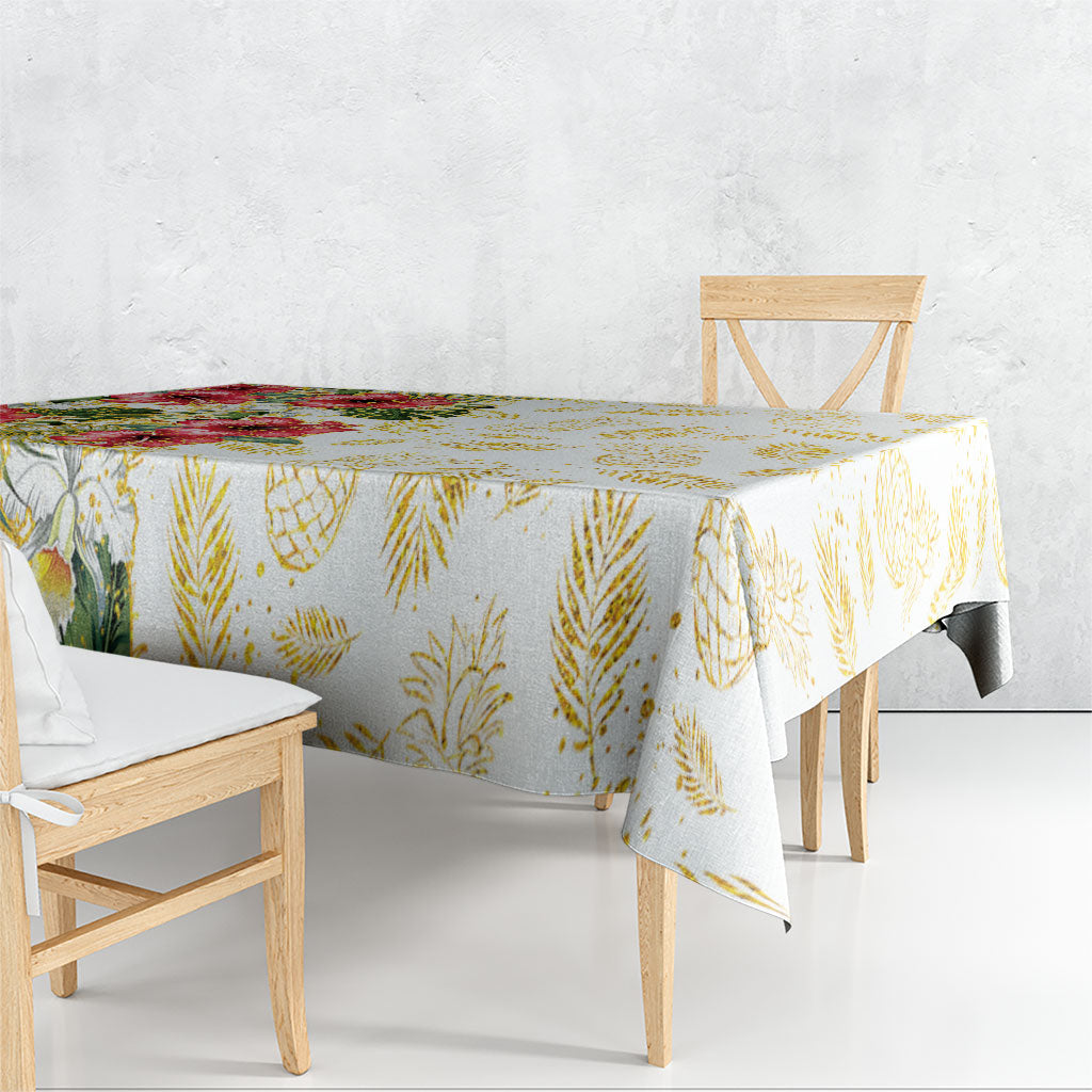 Hawaii Discoverers Day Tablecloth Tropical Hibiscus Glitter White