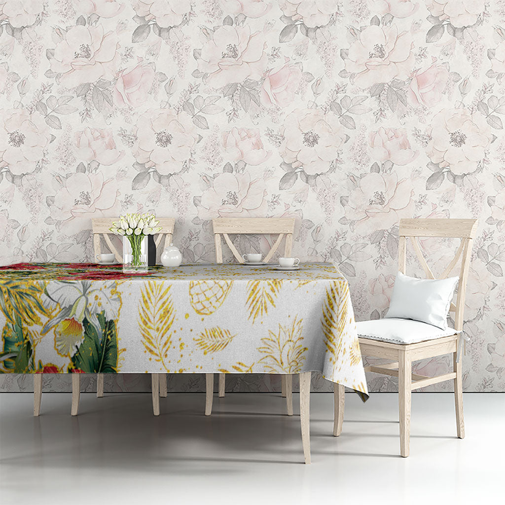 Hawaii Discoverers Day Tablecloth Tropical Hibiscus Glitter White