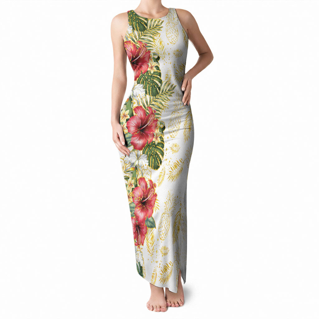 Hawaii Discoverers Day Tank Maxi Dress Tropical Hibiscus Glitter White LT05 Women White - Polynesian Pride