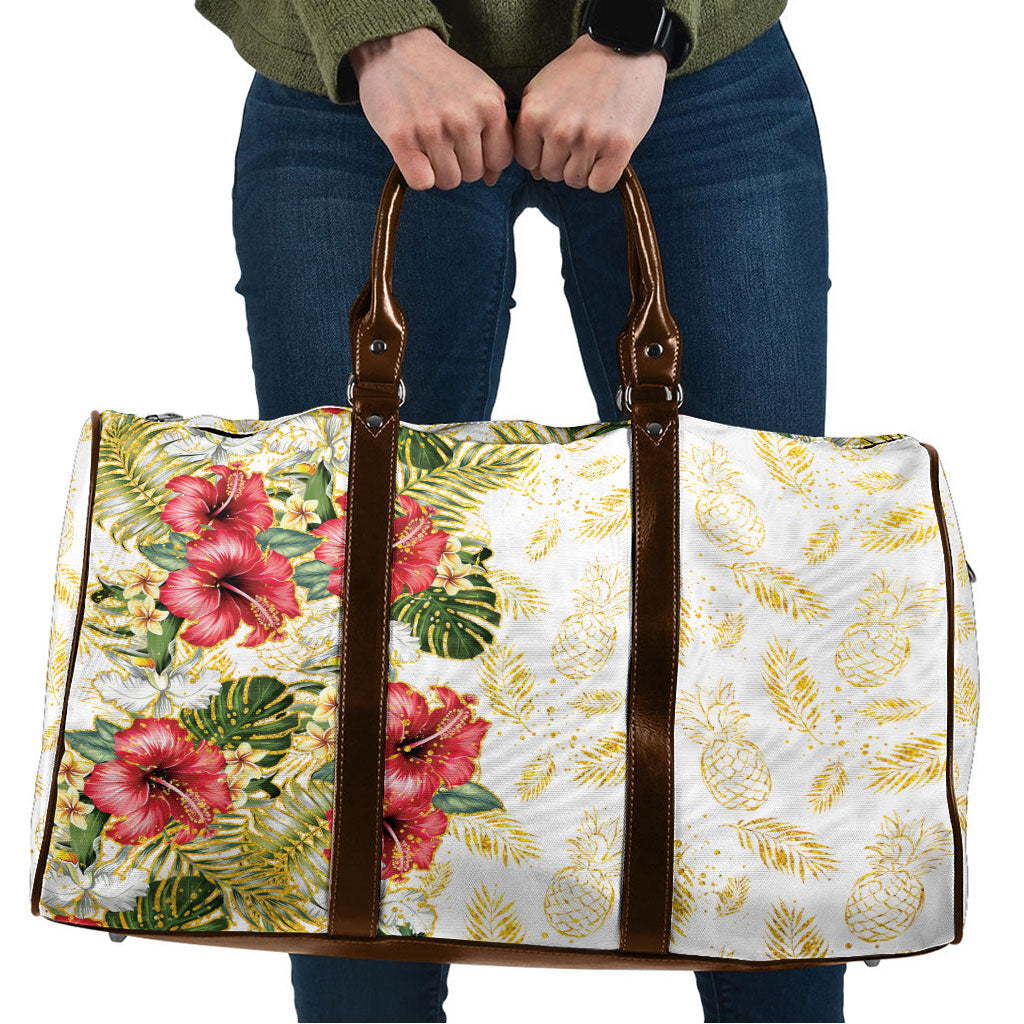 Hawaii Discoverers Day Travel Bag Tropical Hibiscus Glitter White