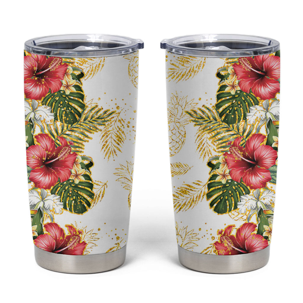 Hawaii Discoverers Day Tumbler Cup Tropical Hibiscus Glitter White