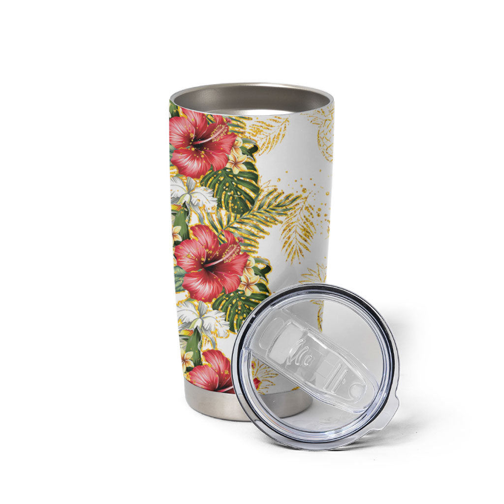 Hawaii Discoverers Day Tumbler Cup Tropical Hibiscus Glitter White