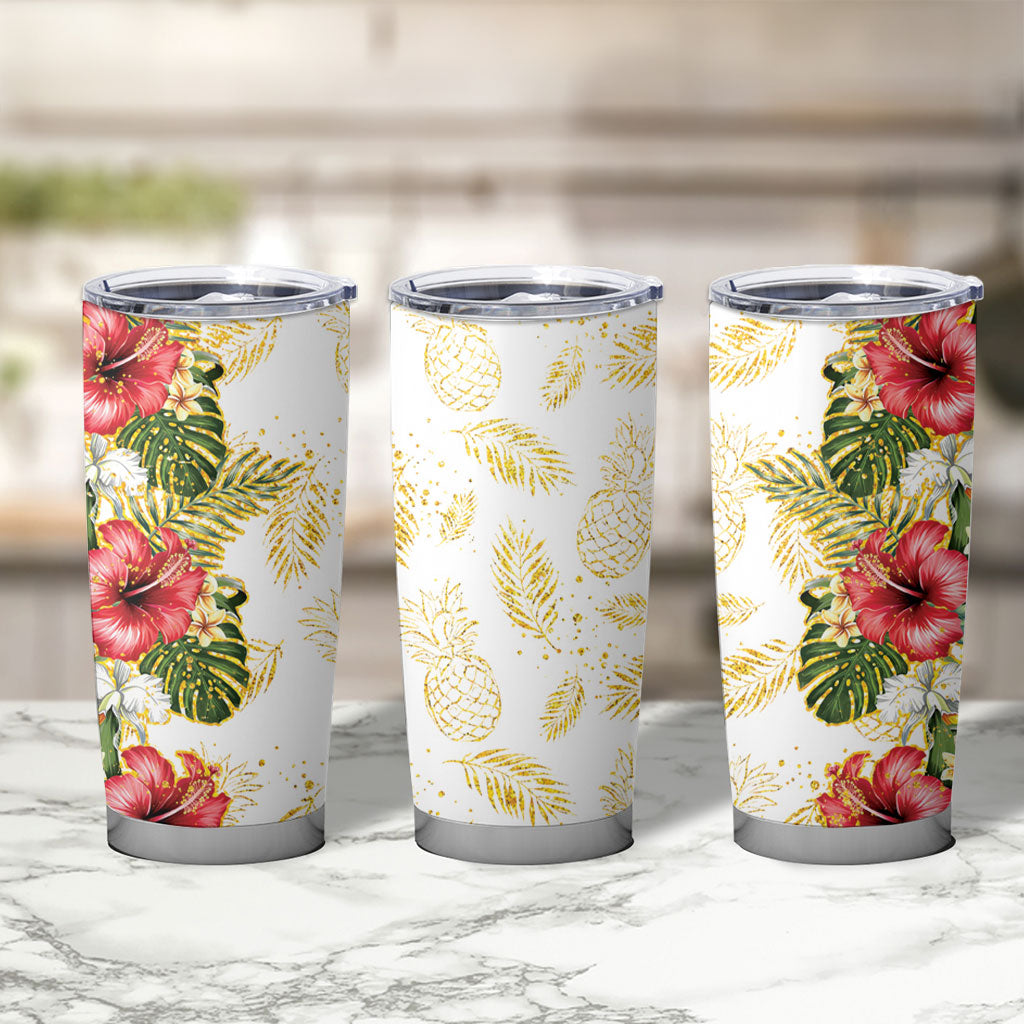 Hawaii Discoverers Day Tumbler Cup Tropical Hibiscus Glitter White