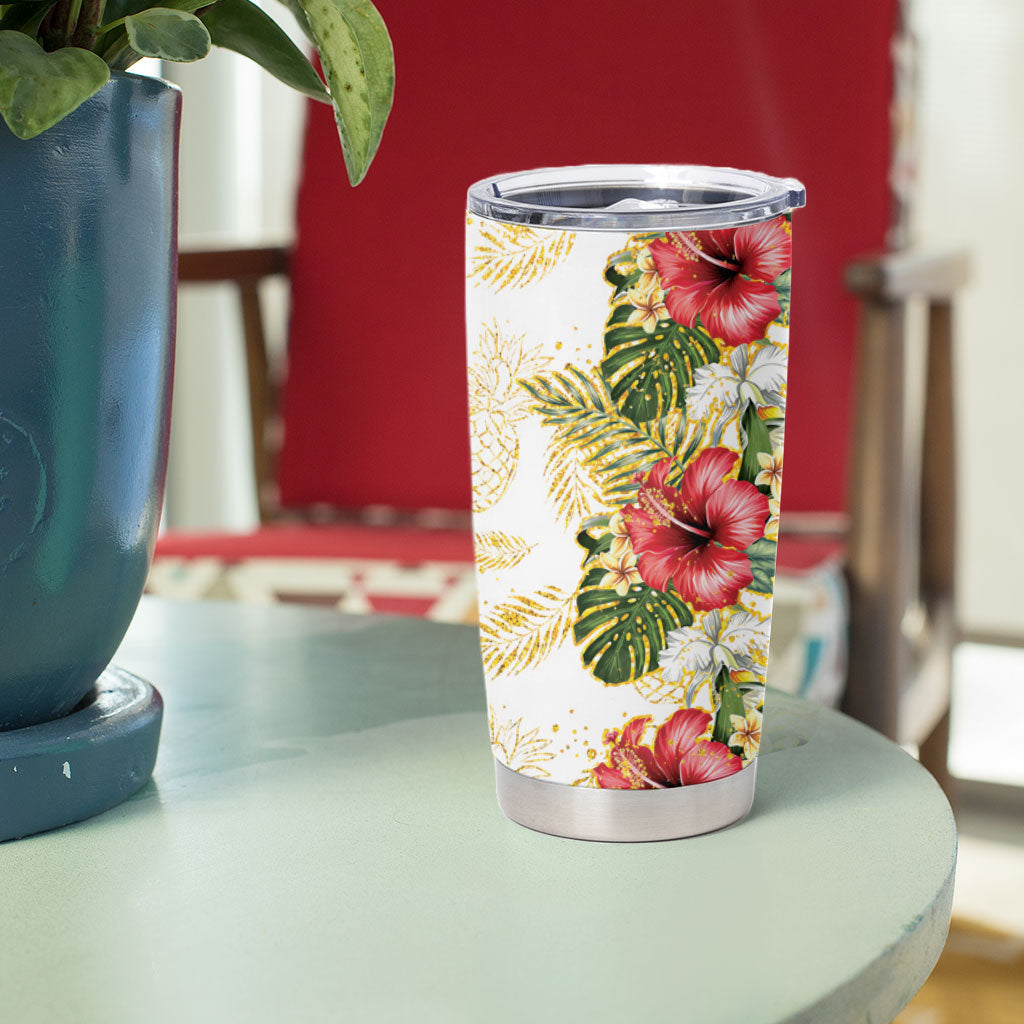 Hawaii Discoverers Day Tumbler Cup Tropical Hibiscus Glitter White