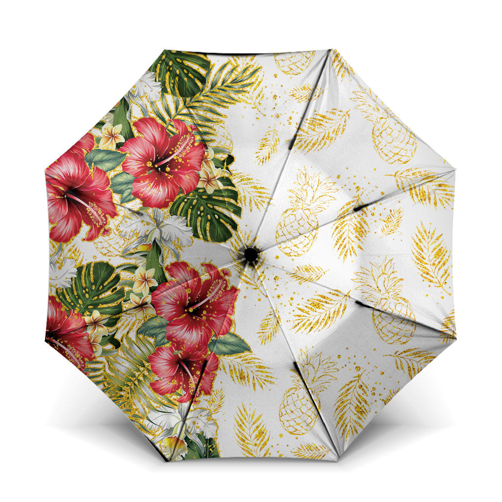 Hawaii Discoverers Day Umbrella Tropical Hibiscus Glitter White LT05 One Size Folded 11.42 inch Opened Diameter 37.4 inch White - Polynesian Pride