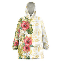 Hawaii Discoverers Day Wearable Blanket Hoodie Tropical Hibiscus Glitter White