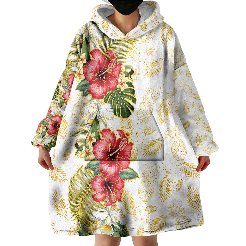 Hawaii Discoverers Day Wearable Blanket Hoodie Tropical Hibiscus Glitter White