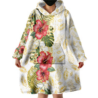 Hawaii Discoverers Day Wearable Blanket Hoodie Tropical Hibiscus Glitter White
