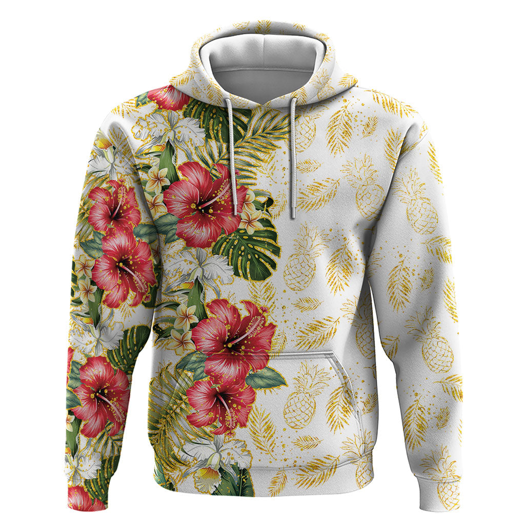 Hawaii Discoverers Day Zip Hoodie Tropical Hibiscus Glitter White LT05 Pullover Hoodie White - Polynesian Pride