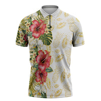 Hawaii Discoverers Day Zipper Polo Shirt Tropical Hibiscus Glitter White LT05 White - Polynesian Pride