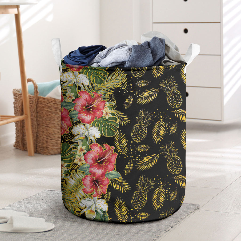 Hawaii Discoverers Day Laundry Basket Tropical Hibiscus Glitter Black LT05 Black - Polynesian Pride