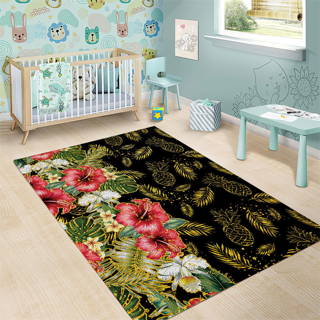 Hawaii Discoverers Day Area Rug Tropical Hibiscus Glitter Black LT05 - Polynesian Pride