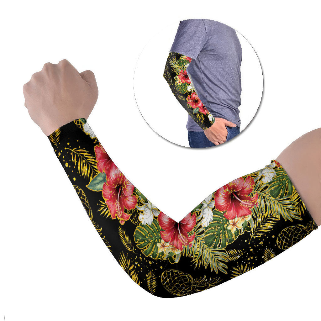 Hawaii Discoverers Day Arm Sleeves Tropical Hibiscus Glitter Black LT05 Set of 2 Black - Polynesian Pride