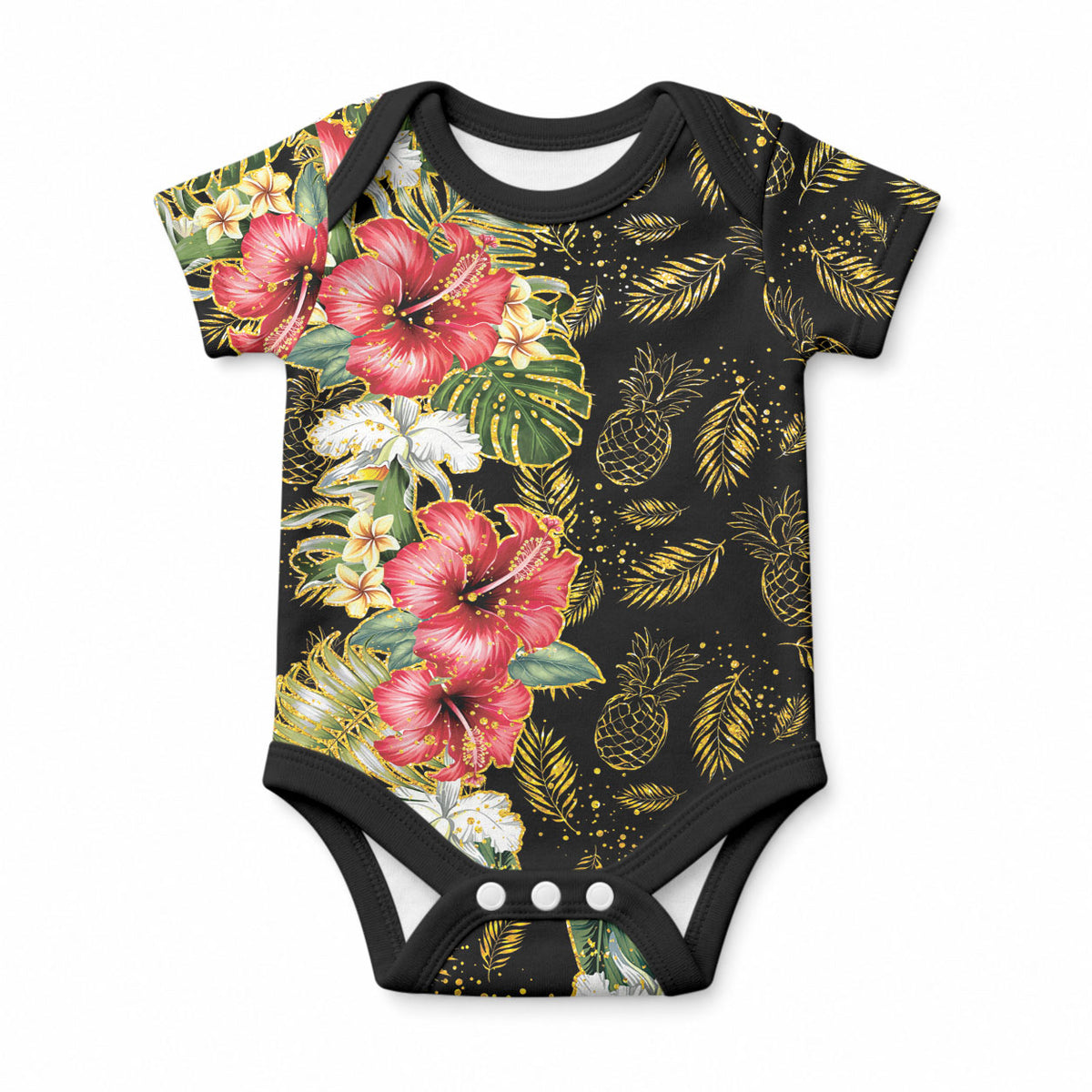 Hawaii Discoverers Day Baby Onesie Tropical Hibiscus Glitter Black LT05 Black - Polynesian Pride