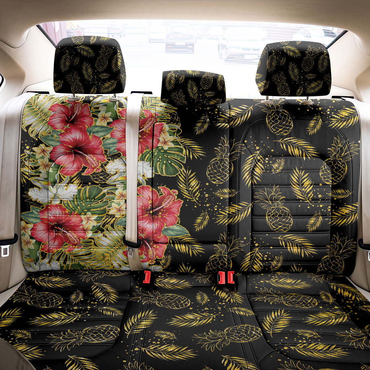 Hawaii Discoverers Day Back Car Seat Cover Tropical Hibiscus Glitter Black LT05 - Polynesian Pride