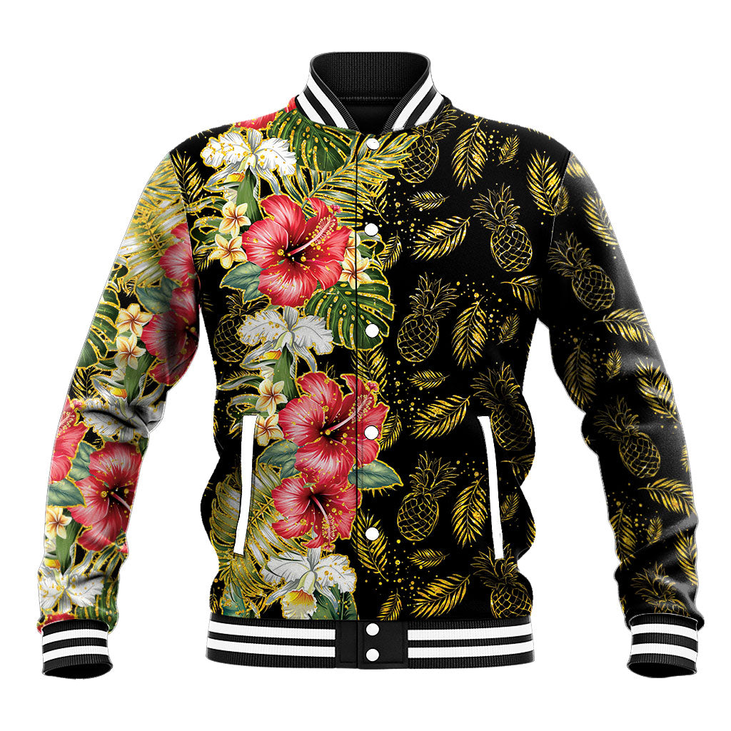 Hawaii Discoverers Day Baseball Jacket Tropical Hibiscus Glitter Black