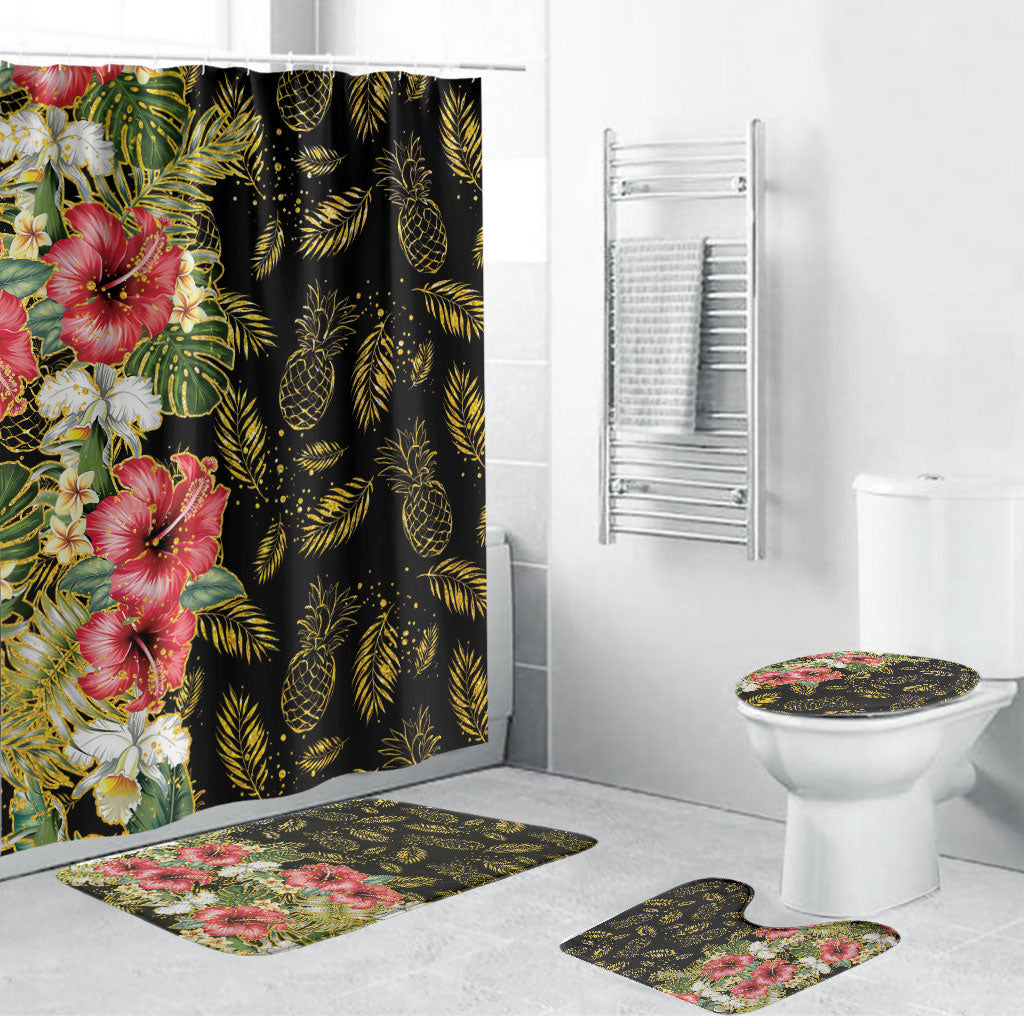 Hawaii Discoverers Day Bathroom Set Tropical Hibiscus Glitter Black LT05 Bathroom Set (4 pcs) Black - Polynesian Pride