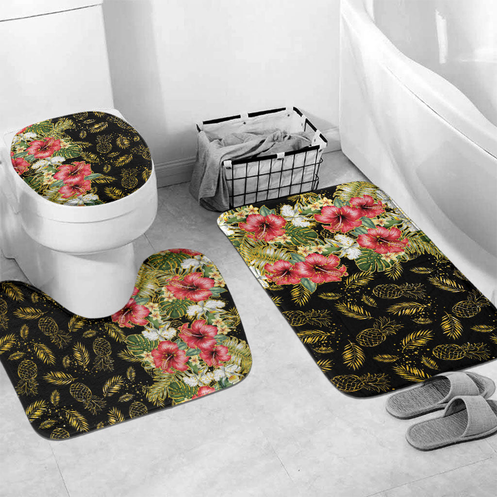 Hawaii Discoverers Day Bathroom Set Tropical Hibiscus Glitter Black LT05 Mat Set Only (3 pcs) One Size Black - Polynesian Pride