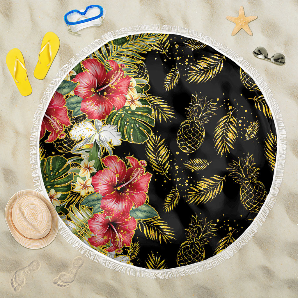 Hawaii Discoverers Day Beach Blanket Tropical Hibiscus Glitter Black