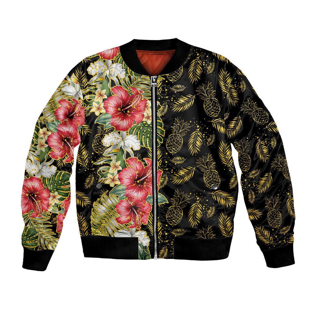 Hawaii Discoverers Day Bomber Jacket Tropical Hibiscus Glitter Black