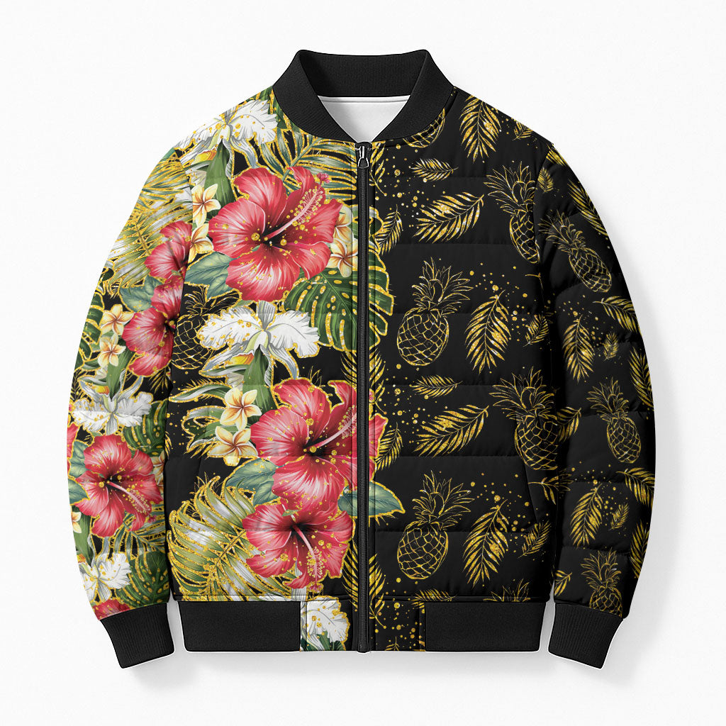 Hawaii Discoverers Day Bomber Puffer Jacket Tropical Hibiscus Glitter Black LT05 Unisex Black - Polynesian Pride