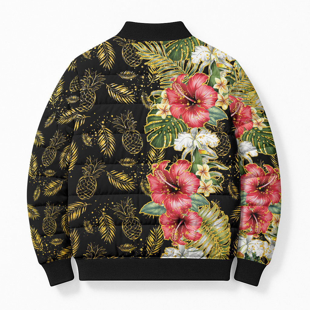 Hawaii Discoverers Day Bomber Puffer Jacket Tropical Hibiscus Glitter Black LT05 - Polynesian Pride
