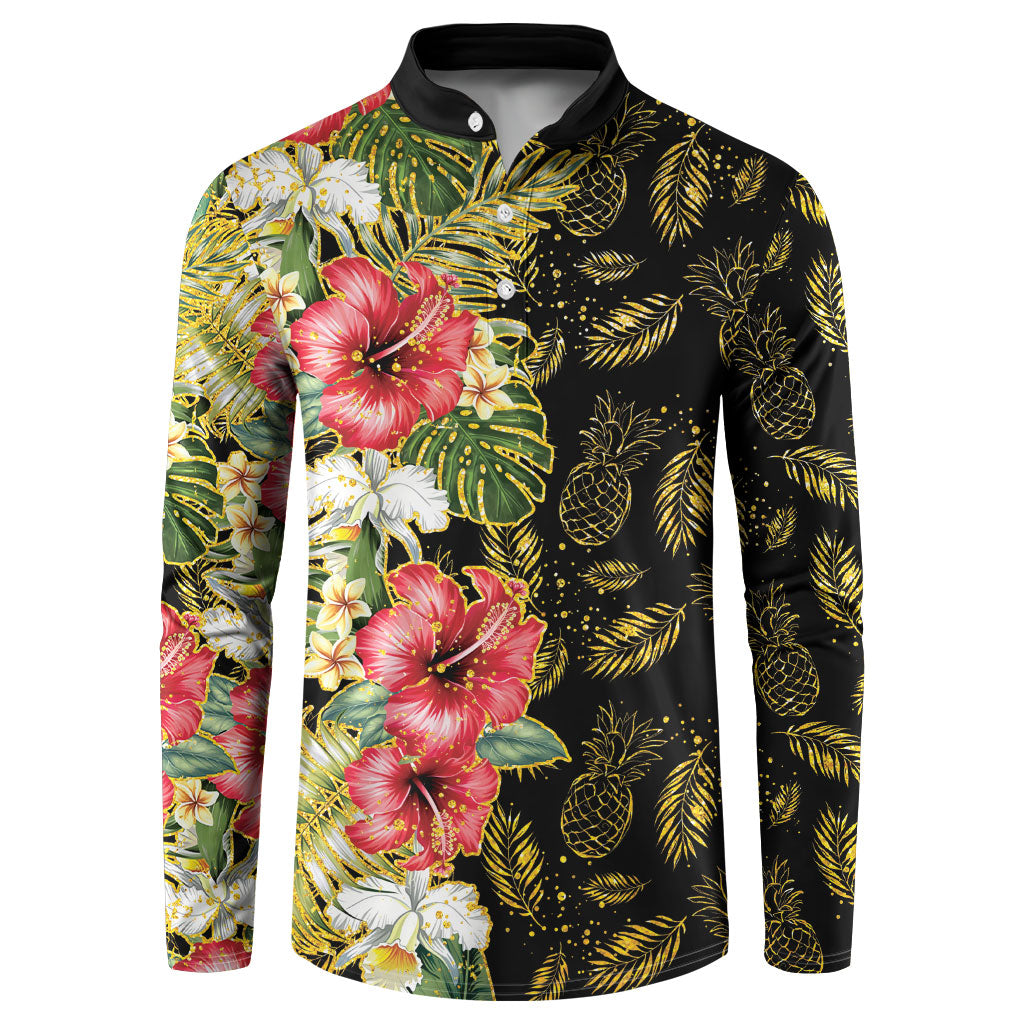 Hawaii Discoverers Day Button Sweatshirt Tropical Hibiscus Glitter Black
