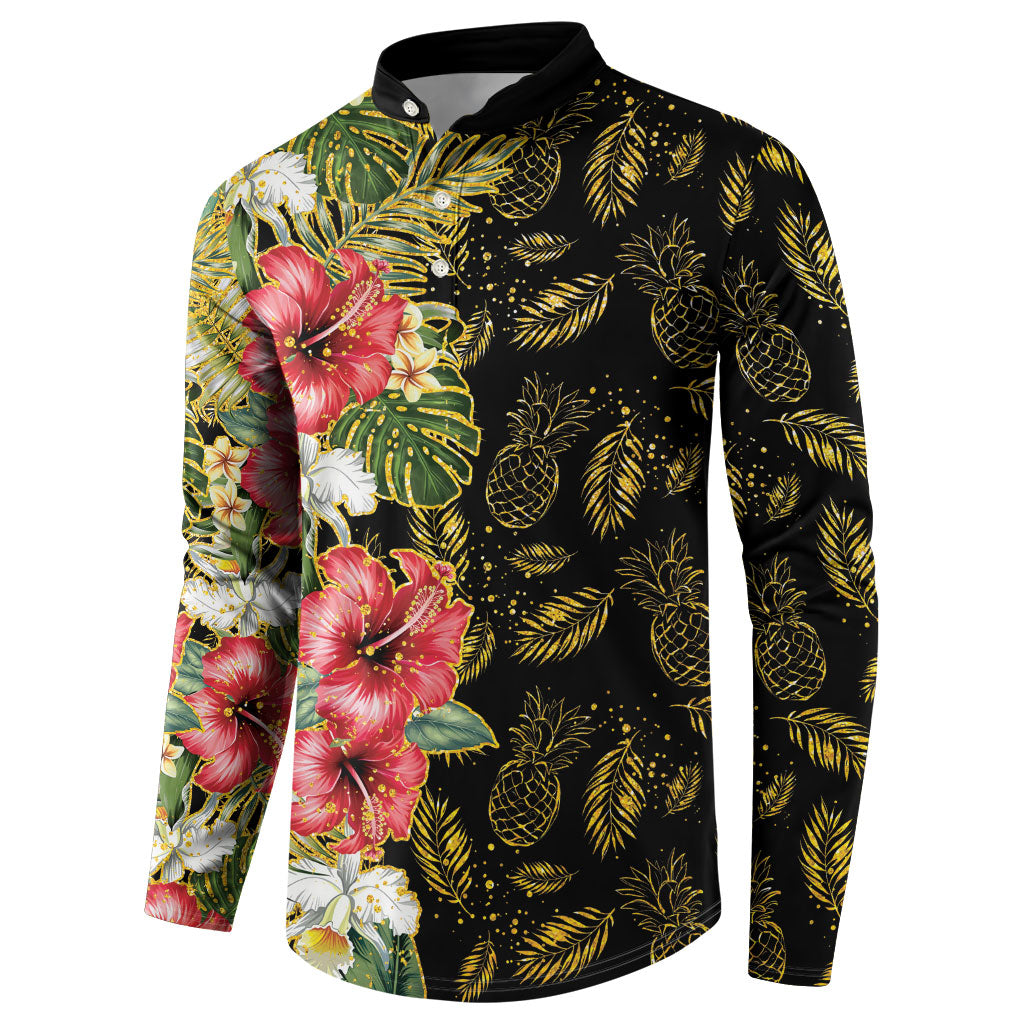 Hawaii Discoverers Day Button Sweatshirt Tropical Hibiscus Glitter Black