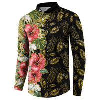 Hawaii Discoverers Day Button Sweatshirt Tropical Hibiscus Glitter Black