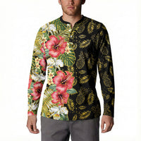 Hawaii Discoverers Day Button Sweatshirt Tropical Hibiscus Glitter Black