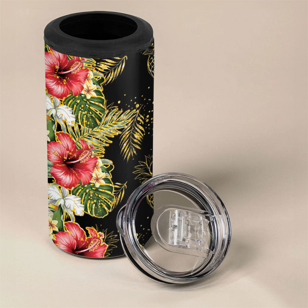 Hawaii Discoverers Day 4 in 1 Can Cooler Tumbler Tropical Hibiscus Glitter Black LT05 - Polynesian Pride