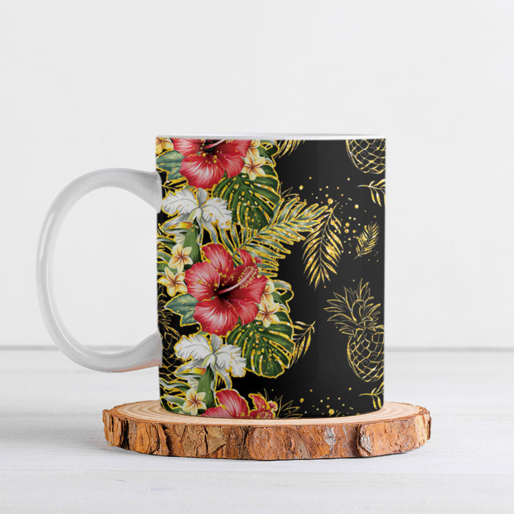 Hawaii Discoverers Day Ceramic Mug Tropical Hibiscus Glitter Black LT05 Black - Polynesian Pride