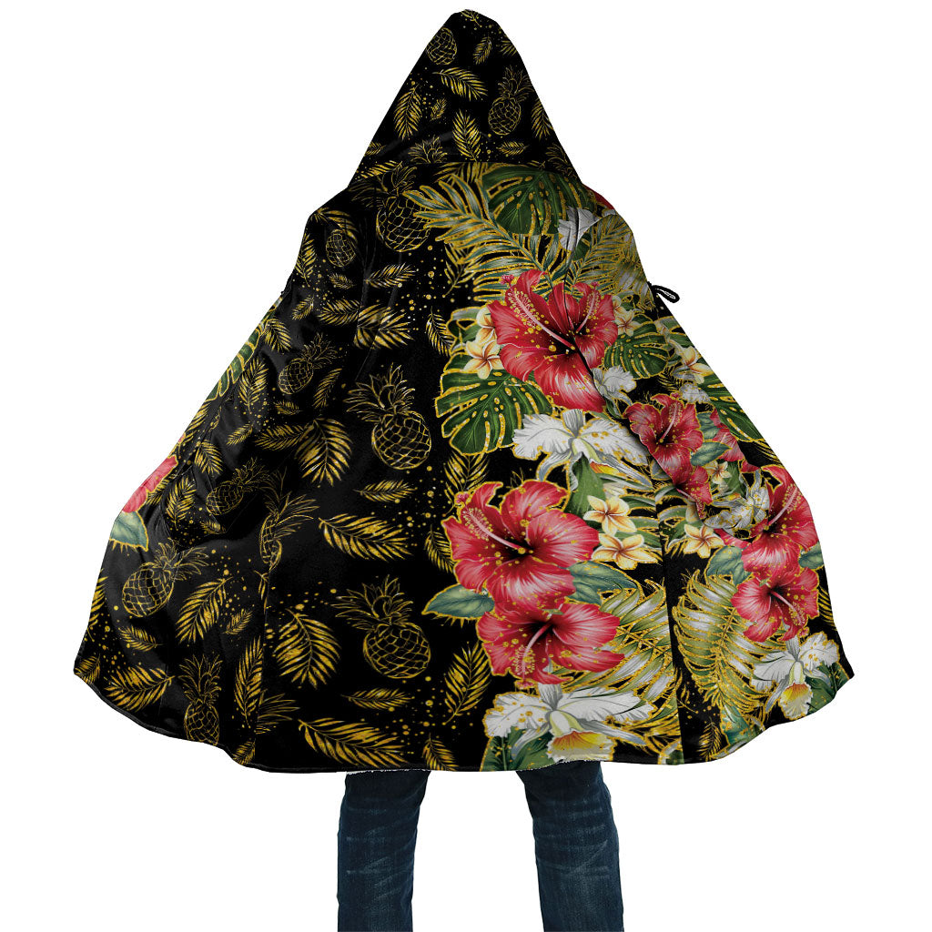 Hawaii Discoverers Day Cloak Tropical Hibiscus Glitter Black LT05 Unisex Black - Polynesian Pride
