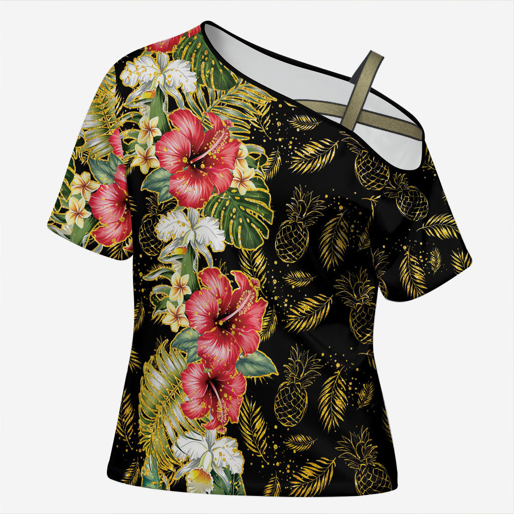 Hawaii Discoverers Day Cross Shoulder Shirt Tropical Hibiscus Glitter Black LT05 Female Black - Polynesian Pride