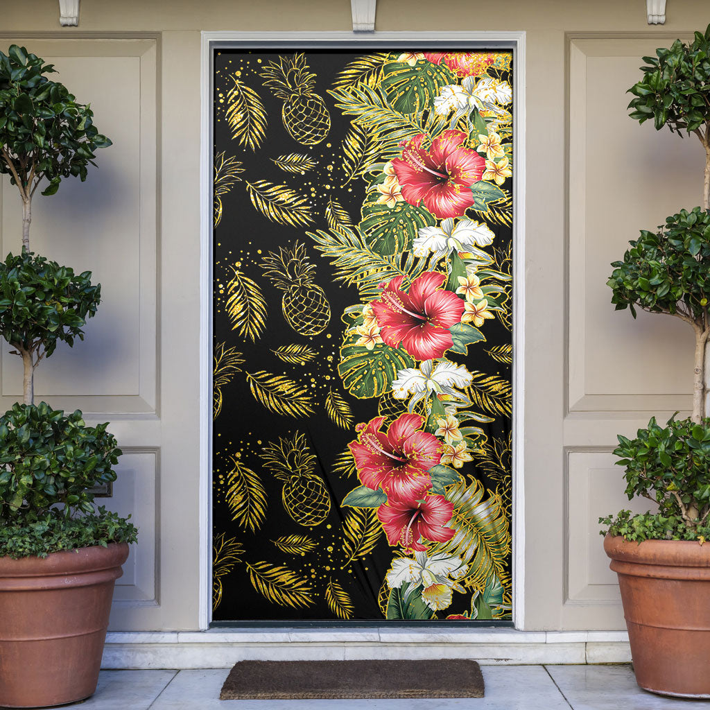 Hawaii Discoverers Day Door Cover Tropical Hibiscus Glitter Black LT05 Black - Polynesian Pride