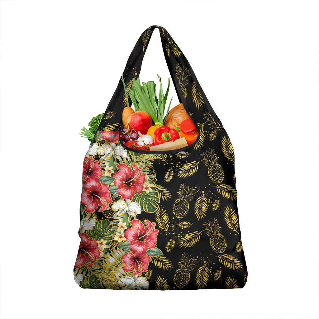 Hawaii Discoverers Day Grocery Bag Tropical Hibiscus Glitter Black
