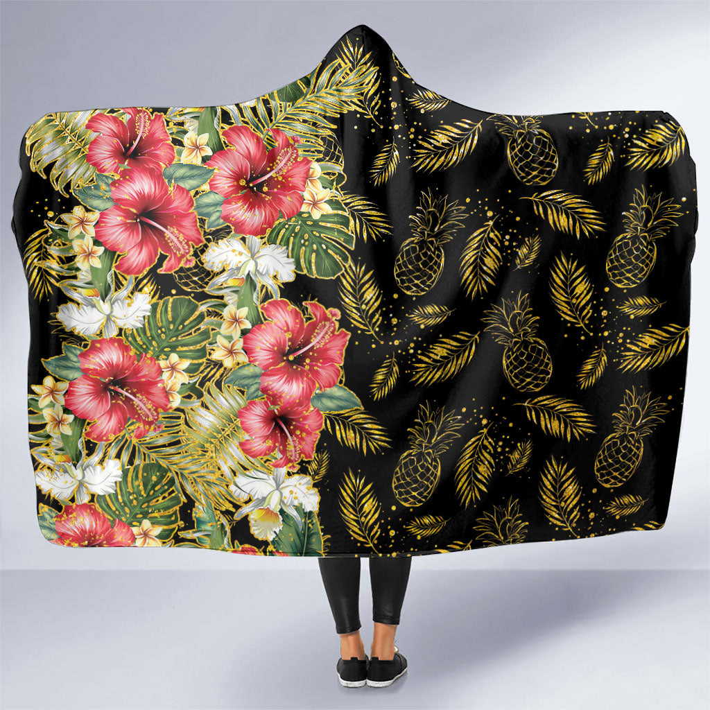 Hawaii Discoverers Day Hooded Blanket Tropical Hibiscus Glitter Black