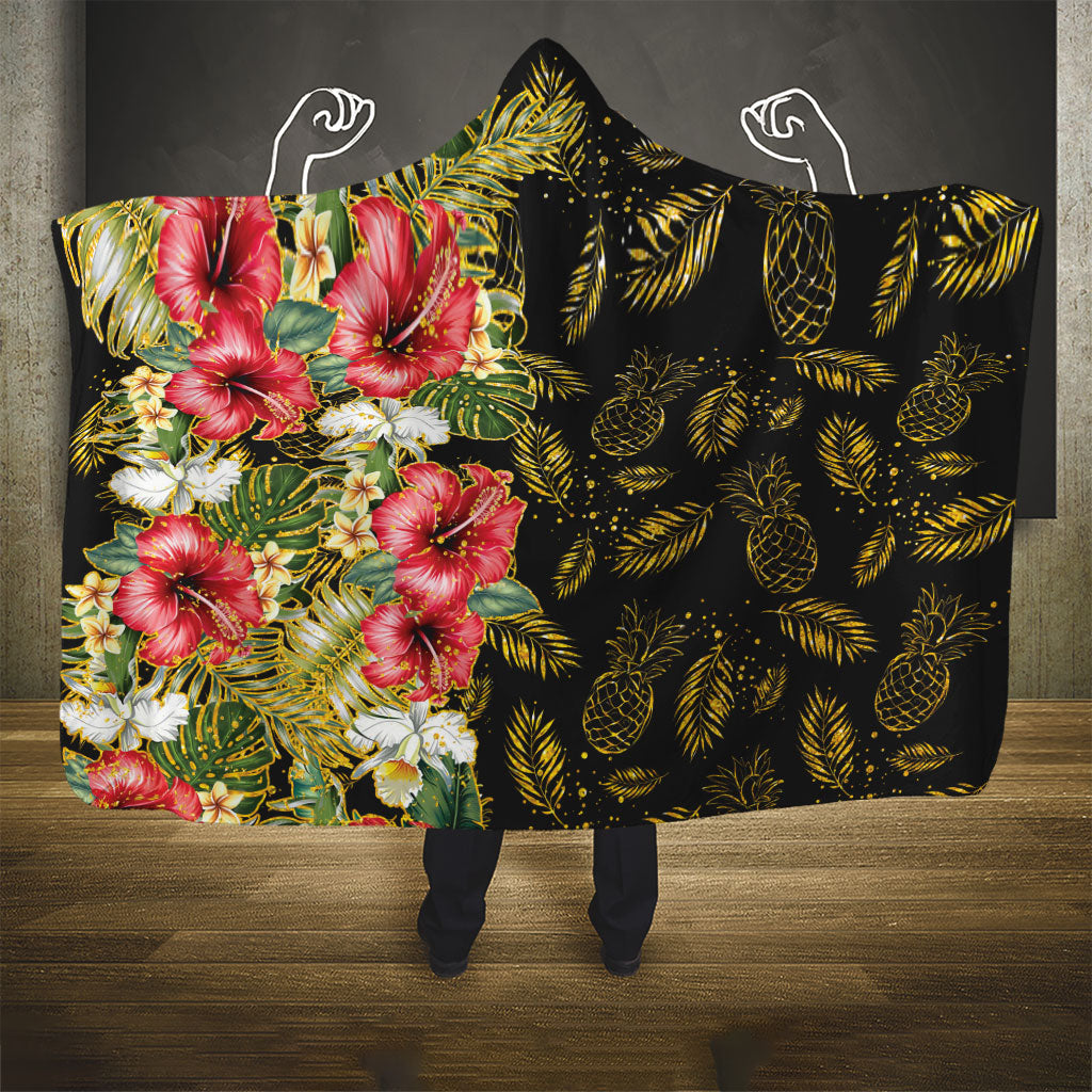Hawaii Discoverers Day Hooded Blanket Tropical Hibiscus Glitter Black