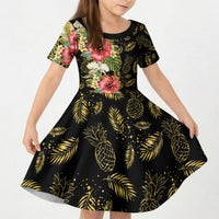 Hawaii Discoverers Day Kid Short Sleeve Dress Tropical Hibiscus Glitter Black