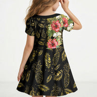 Hawaii Discoverers Day Kid Short Sleeve Dress Tropical Hibiscus Glitter Black
