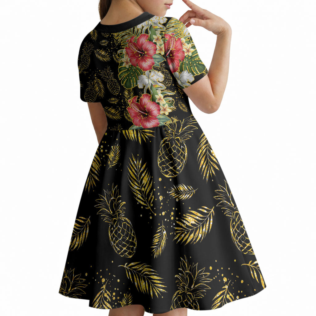 Hawaii Discoverers Day Kid Short Sleeve Dress Tropical Hibiscus Glitter Black