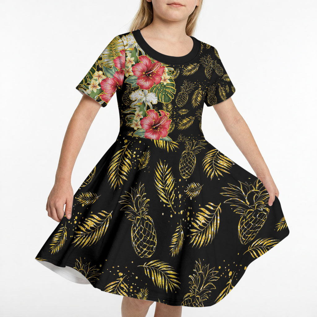 Hawaii Discoverers Day Kid Short Sleeve Dress Tropical Hibiscus Glitter Black