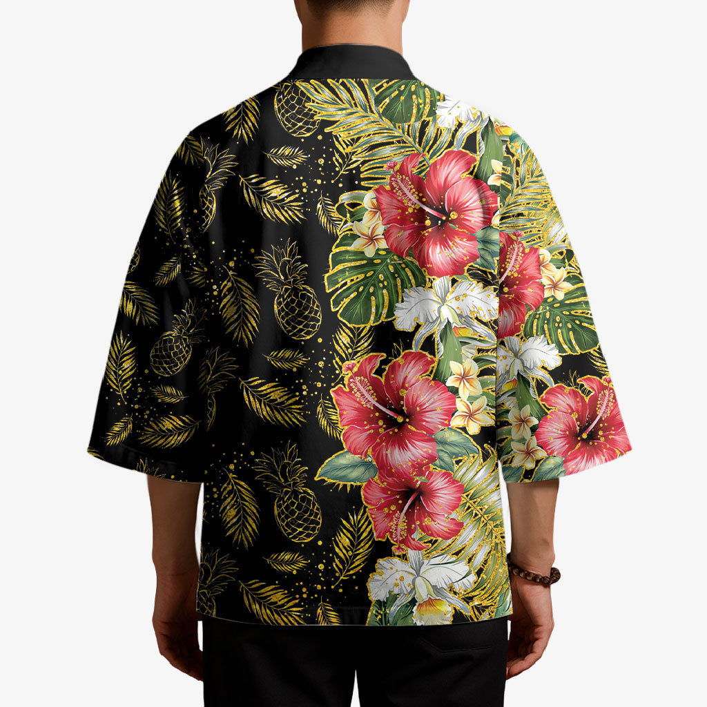 Hawaii Discoverers Day Kimono Tropical Hibiscus Glitter Black LT05 - Polynesian Pride