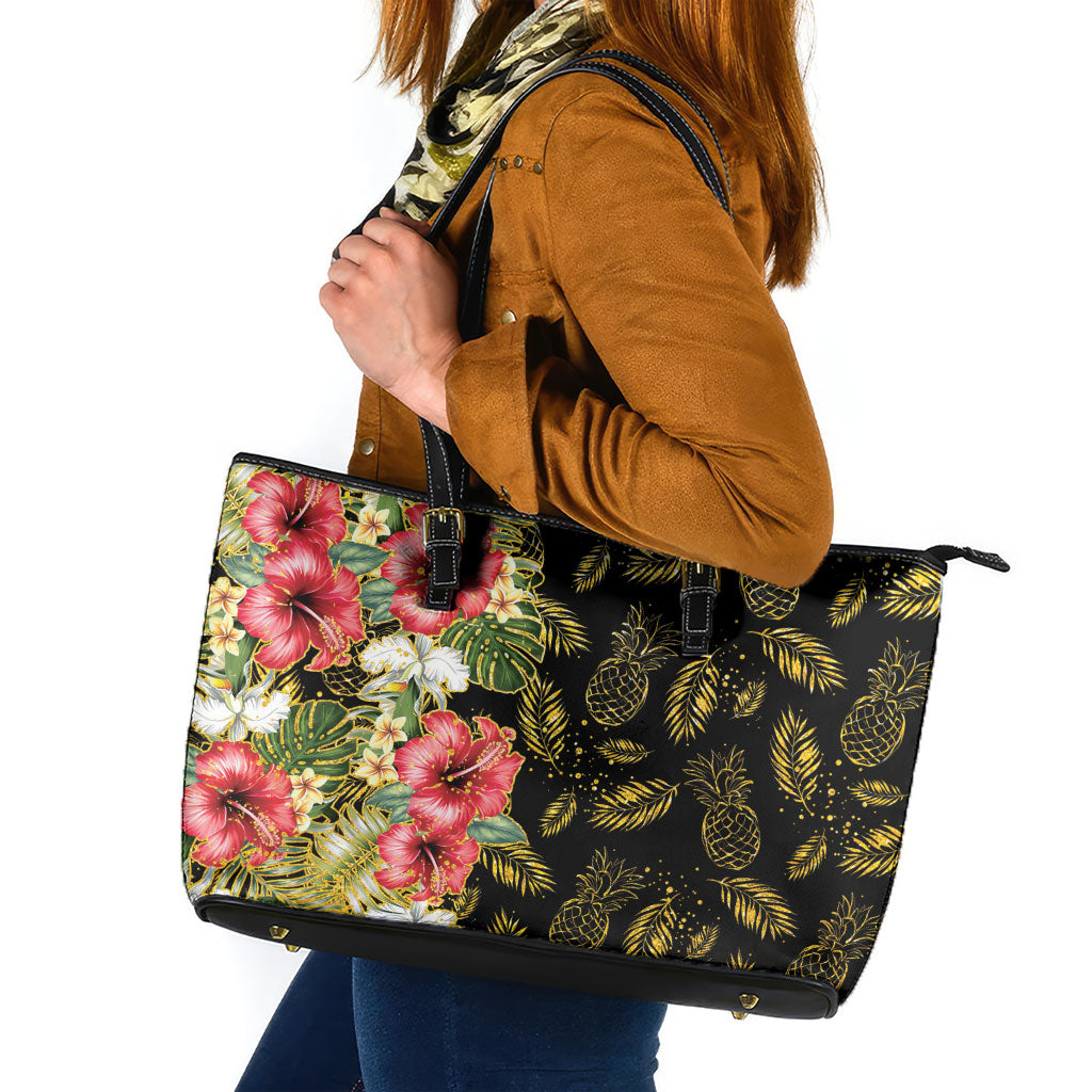 Hawaii Discoverers Day Leather Tote Bag Tropical Hibiscus Glitter Black