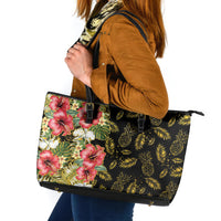 Hawaii Discoverers Day Leather Tote Bag Tropical Hibiscus Glitter Black